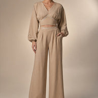 Rafelli Linen Lantern Sleeve Crop & Wide-Leg Trouser Set