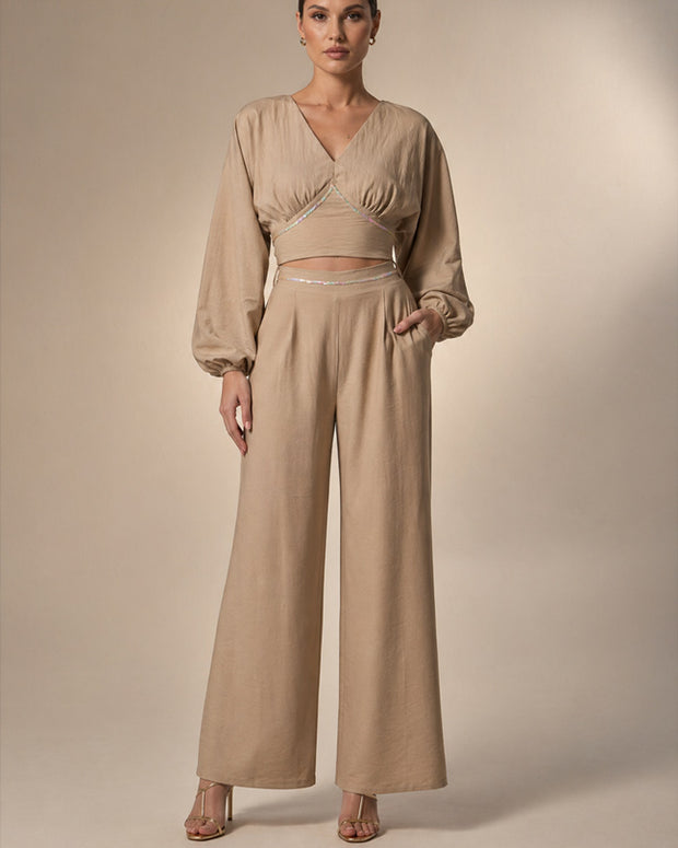 Rafelli Linen Lantern Sleeve Crop & Wide-Leg Trouser Set