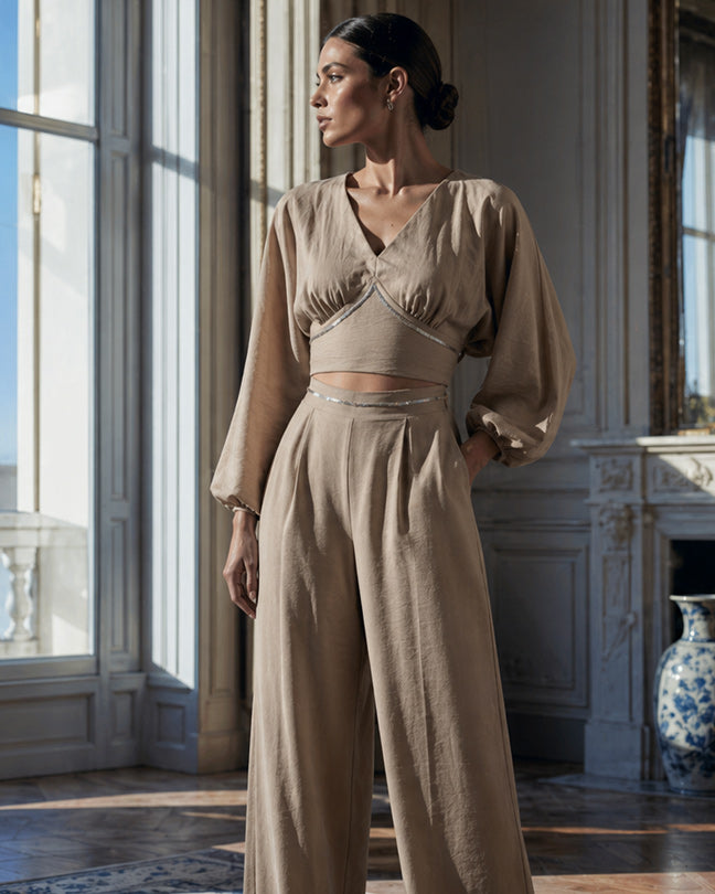 Rafelli Linen Lantern Sleeve Crop & Wide-Leg Trouser Set