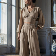 Rafelli Linen Lantern Sleeve Crop & Wide-Leg Trouser Set
