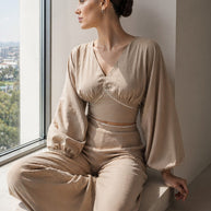 Rafelli Linen Lantern Sleeve Crop & Wide-Leg Trouser Set