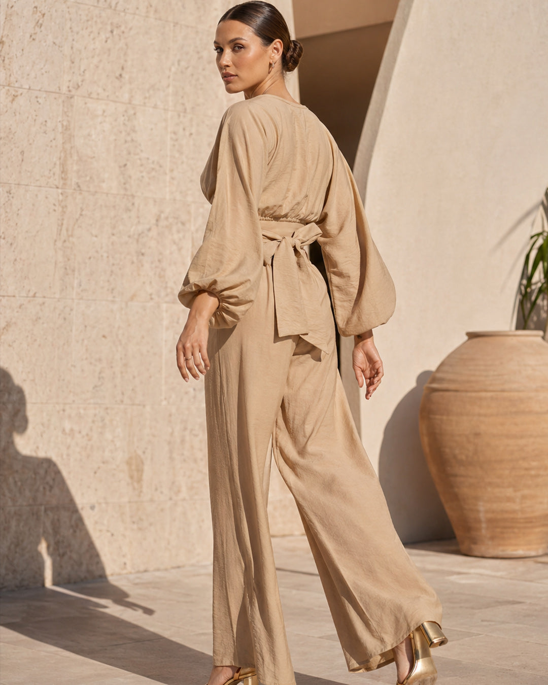 Rafelli Linen Lantern Sleeve Crop & Wide-Leg Trouser Set