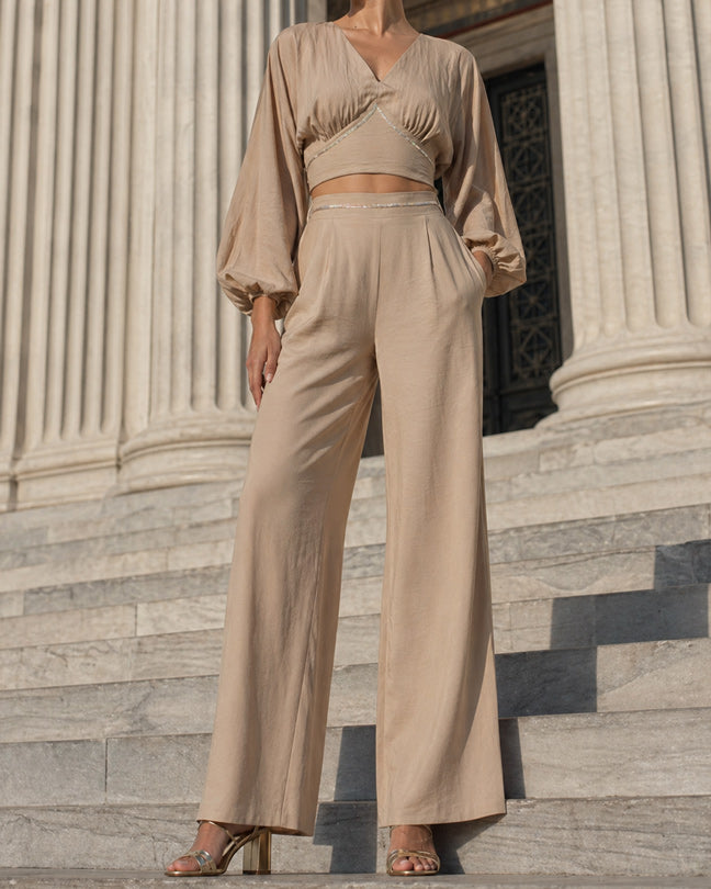 Rafelli Linen Lantern Sleeve Crop & Wide-Leg Trouser Set