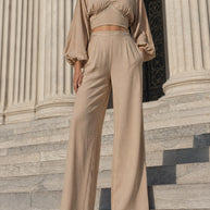 Rafelli Linen Lantern Sleeve Crop & Wide-Leg Trouser Set