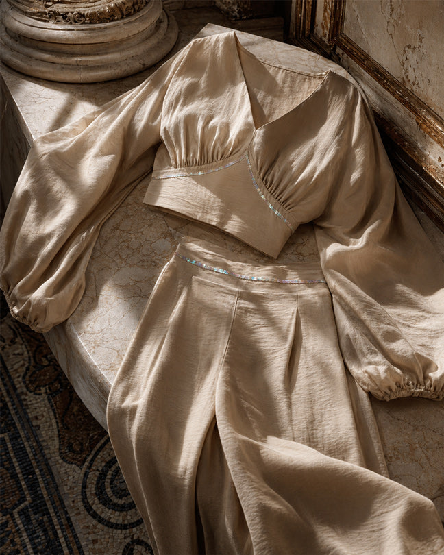 Rafelli Linen Lantern Sleeve Crop & Wide-Leg Trouser Set