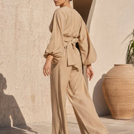 Rafelli Linen Lantern Sleeve Crop & Wide-Leg Trouser Set