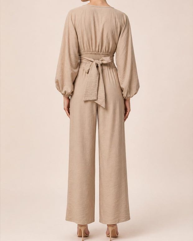 Rafelli Linen Lantern Sleeve Crop & Wide-Leg Trouser Set