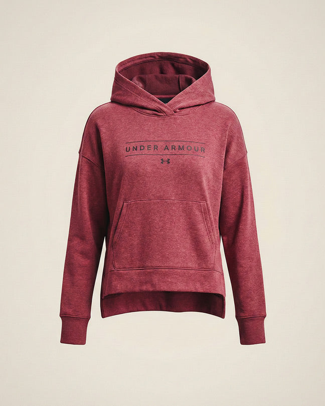 Red Under Armour hoodie with front pocket and logo, displayed on a plain background
