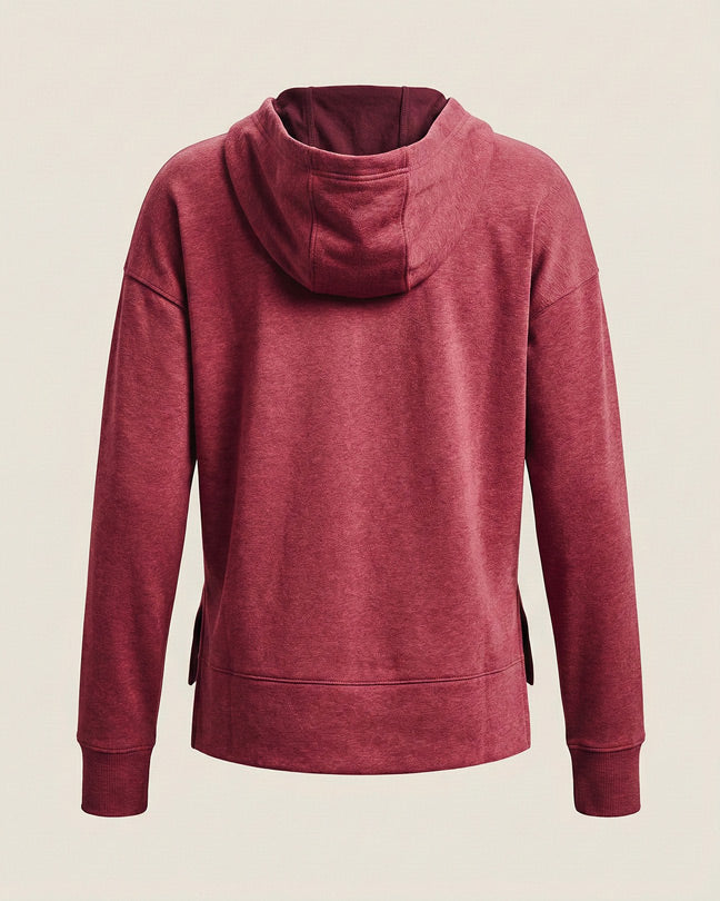 Back view of red hooded sweatshirt with long sleeves, casual loungewear style