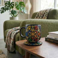 Black mug and Wooden Coaster