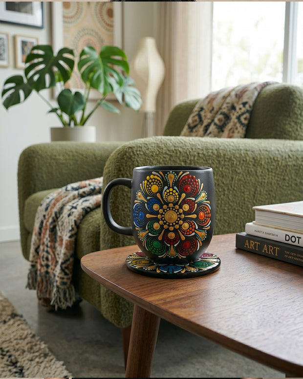 Black mug and Wooden Coaster