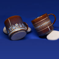 Set of 2 Large Brown Mugs - Hand painted mandala