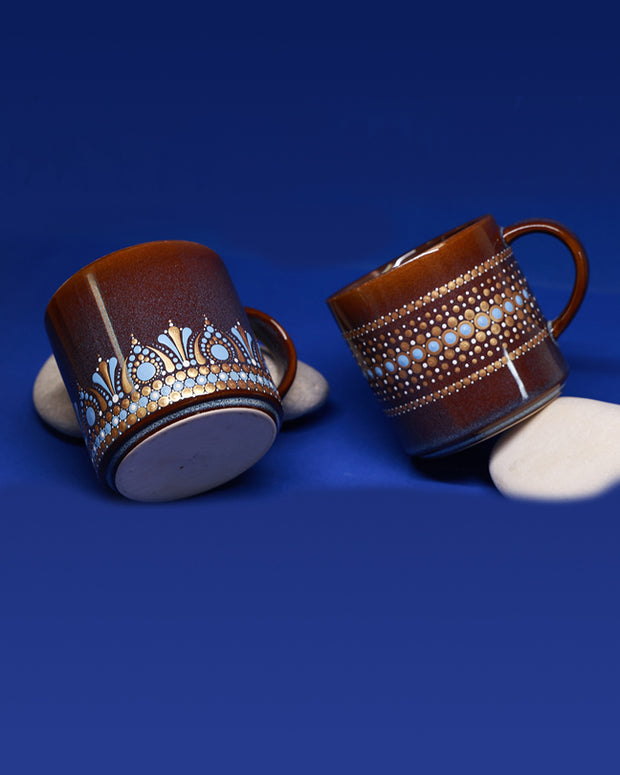 Set of 2 Large Brown Mugs - Hand painted mandala