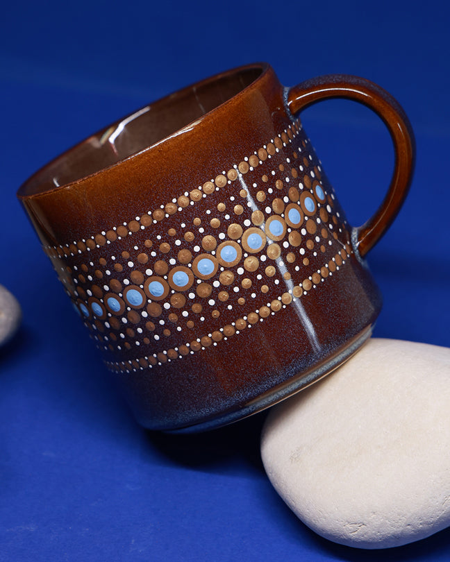Set of 2 Large Brown Mugs - Hand painted mandala