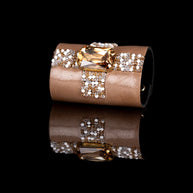 The Dark Champagne Grid Cuff Taupe Leather Crystal Statement Bracelet