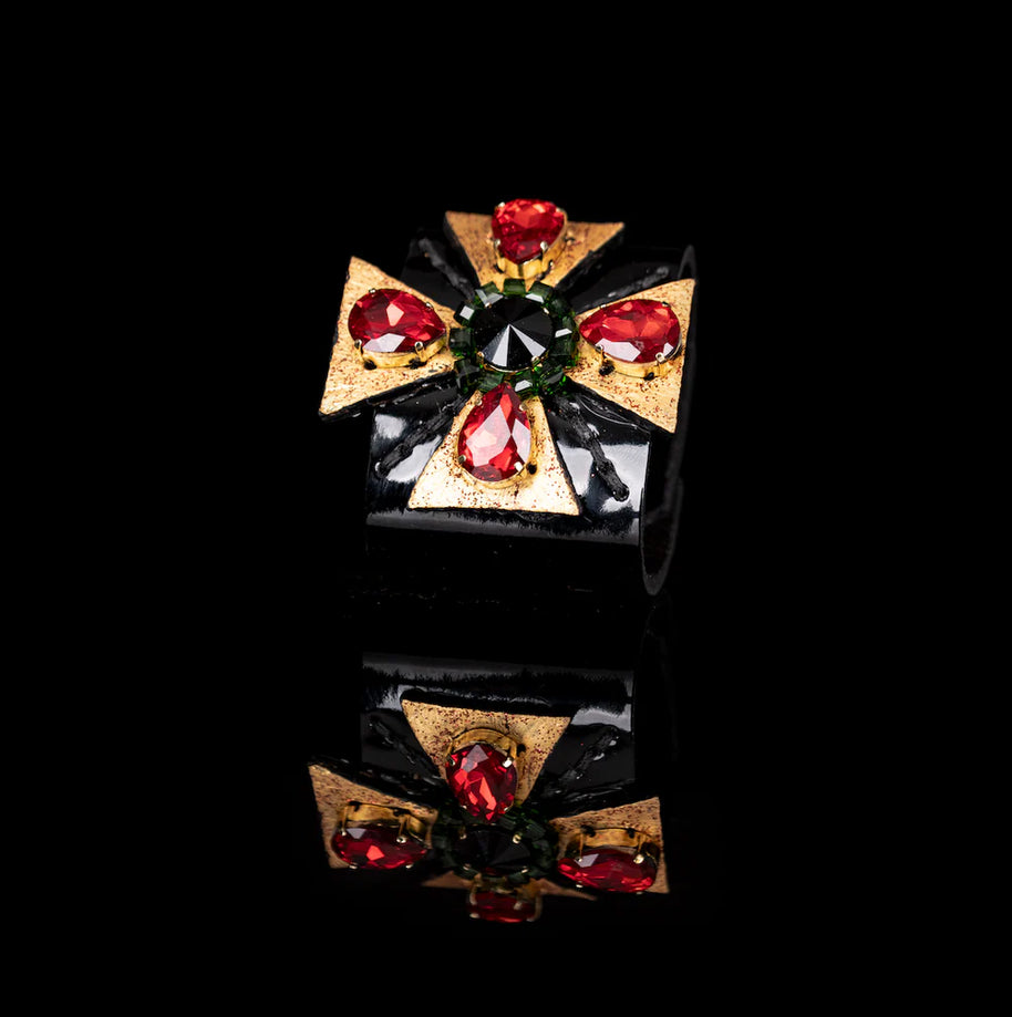 The Dark Black Leather Crystal Star Cuff Bracelet with Red Stones