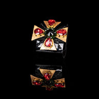 The Dark Black Leather Crystal Star Cuff Bracelet with Red Stones