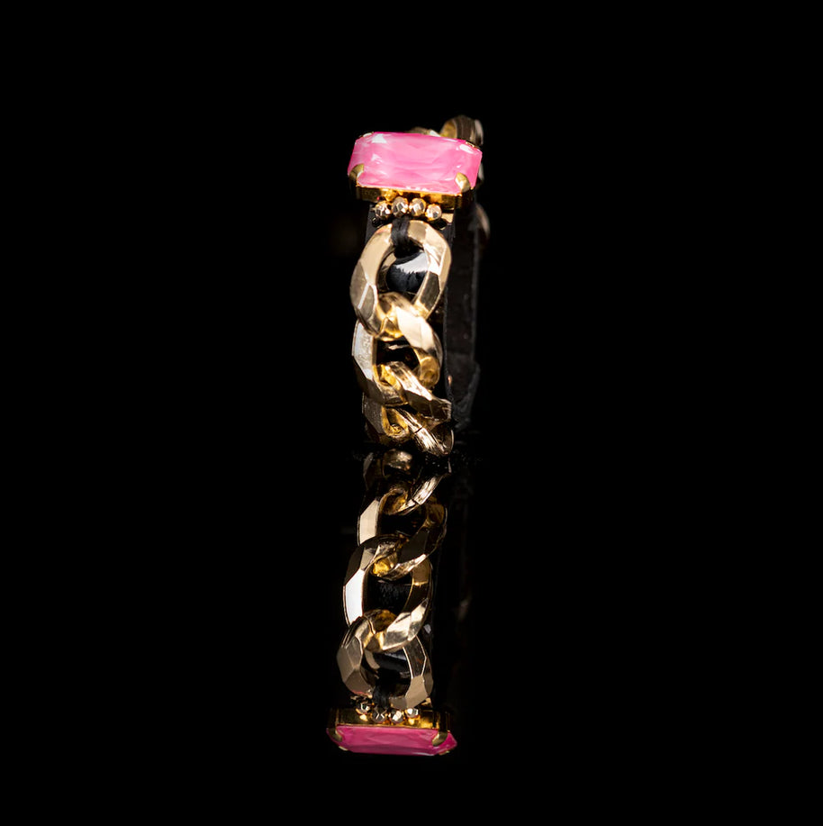 The Dark Black Leather Chain Cuff Bracelet with Pink Crystal