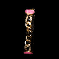 The Dark Black Leather Chain Cuff Bracelet with Pink Crystal