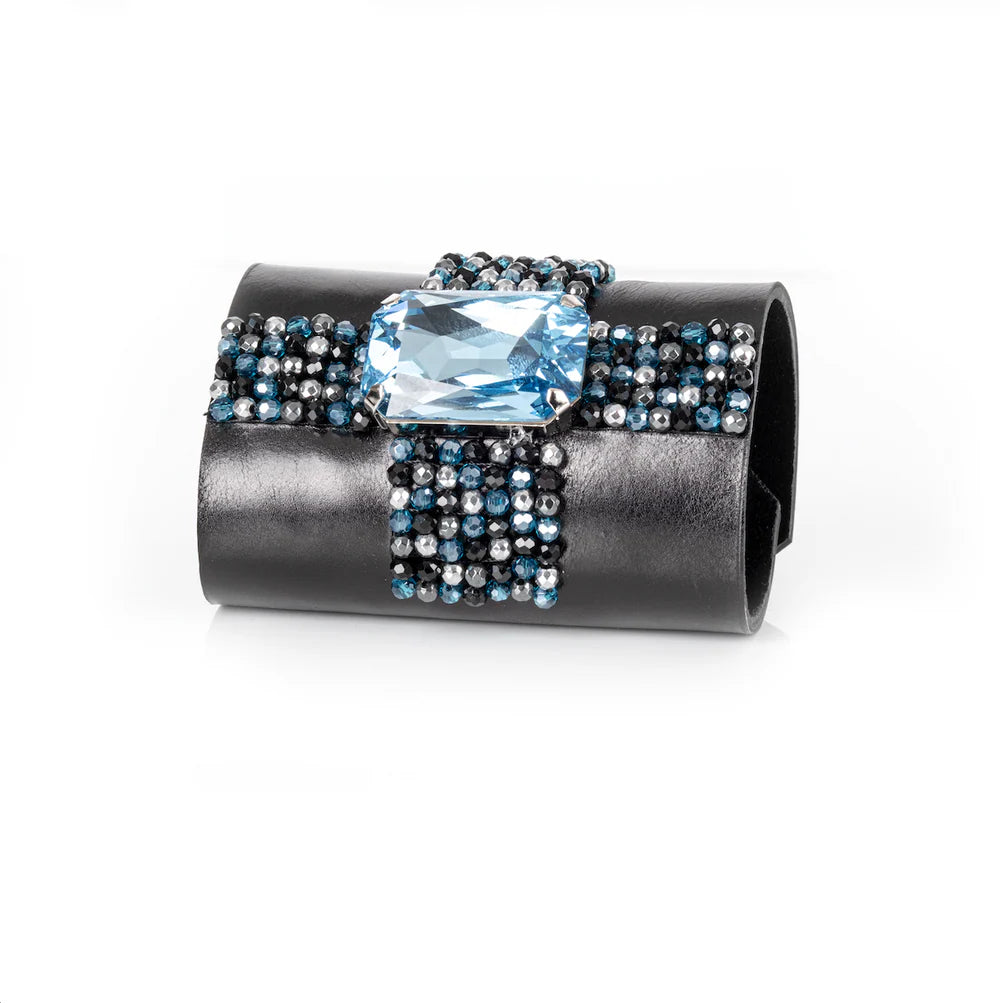 The Dark Black Leather Crystal Cuff Bracelet Ice Blue Cross Stone