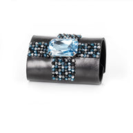 The Dark Black Leather Crystal Cuff Bracelet Ice Blue Cross Stone