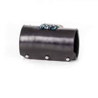 The Dark Black Leather Crystal Cuff Bracelet Ice Blue Cross Stone
