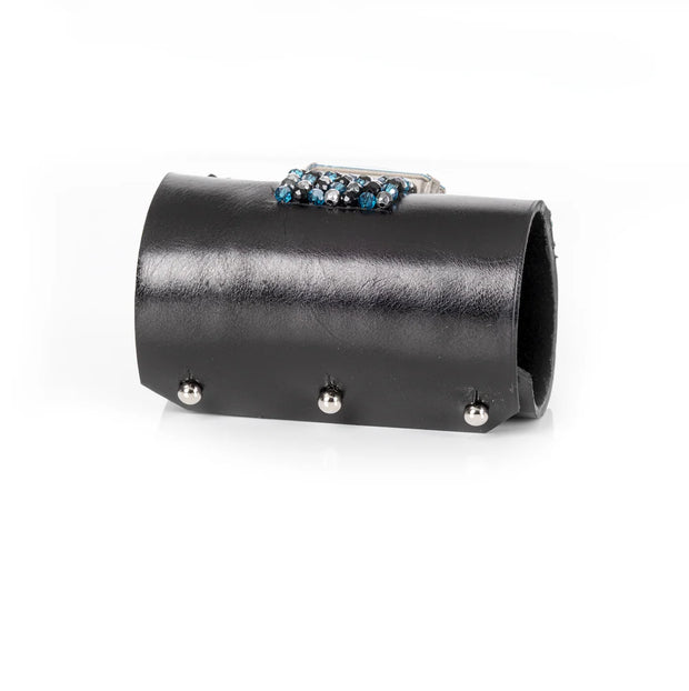 The Dark Black Leather Crystal Cuff Bracelet Ice Blue Cross Stone