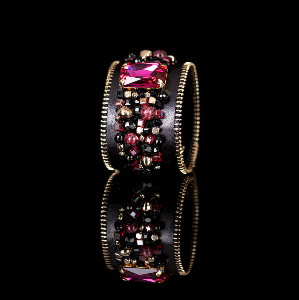 The Dark Black Leather Crystal Statement Cuff Ruby Glass & Gold Zip