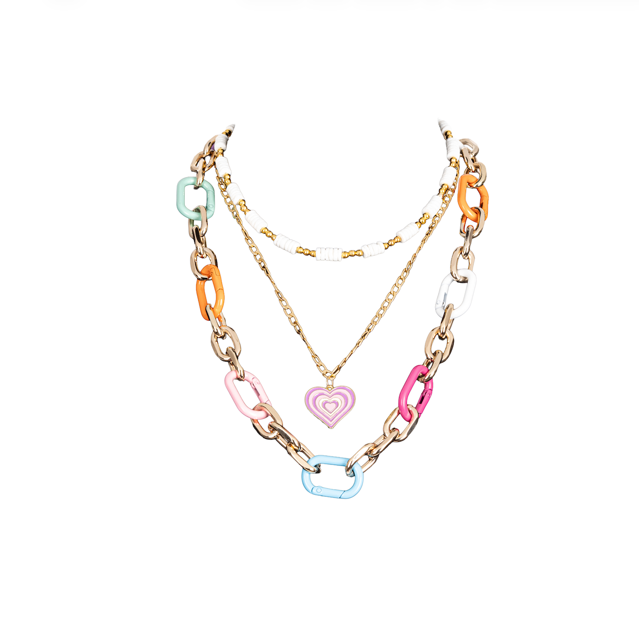 The Dark Pastel Chain Heart Necklace Layered Gold & Enamel Link Statement Necklace