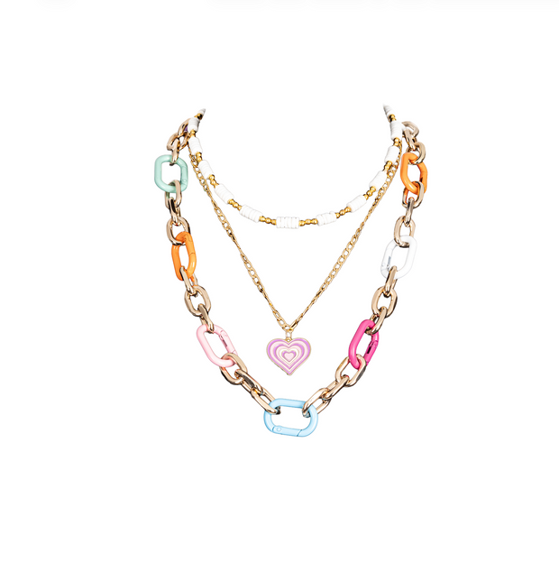 The Dark Pastel Chain Heart Necklace Layered Gold & Enamel Link Statement Necklace