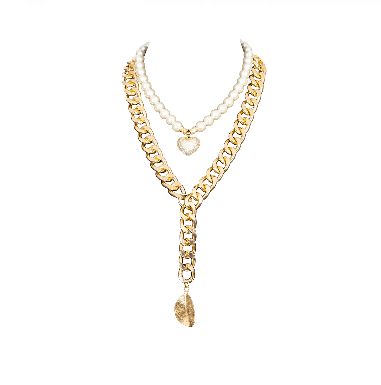 The Dark Layered Pearl and Gold Chain Necklace with Spike Pendant