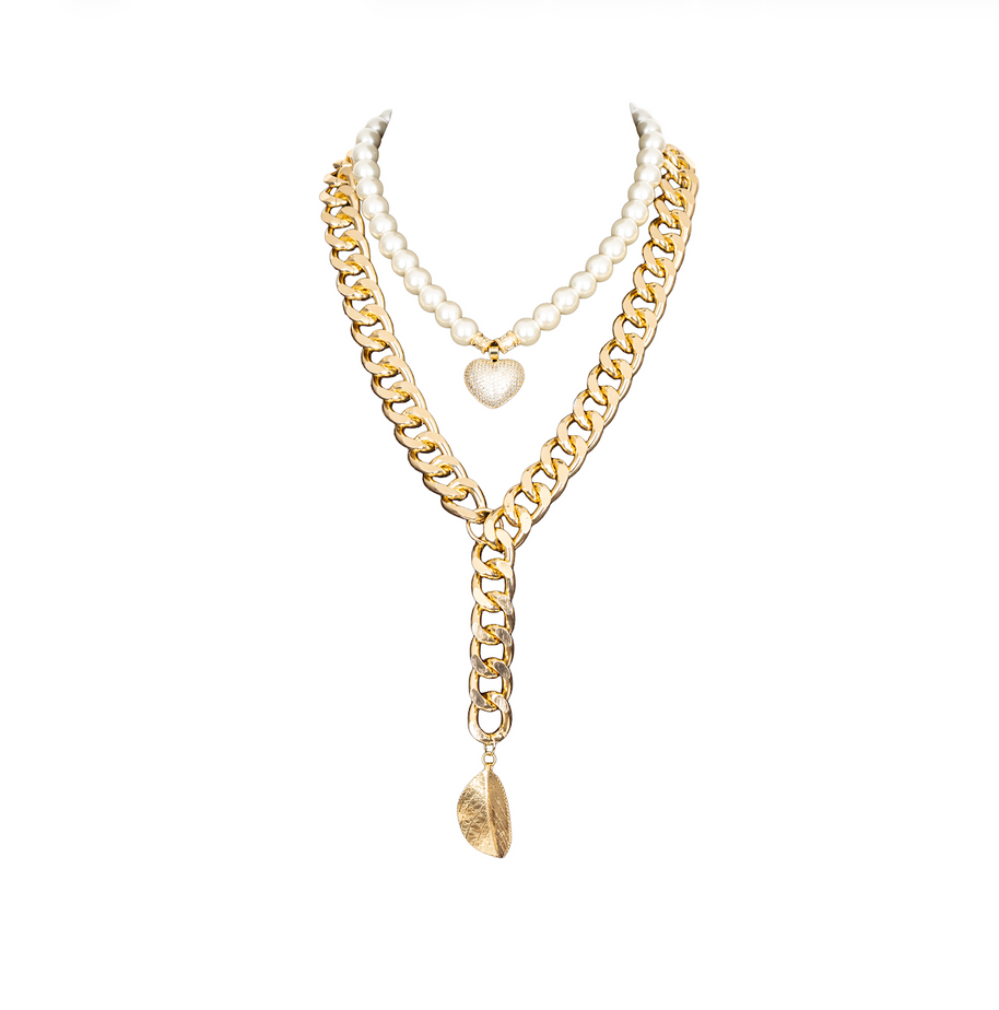 The Dark Layered Pearl and Gold Chain Necklace with Spike Pendant