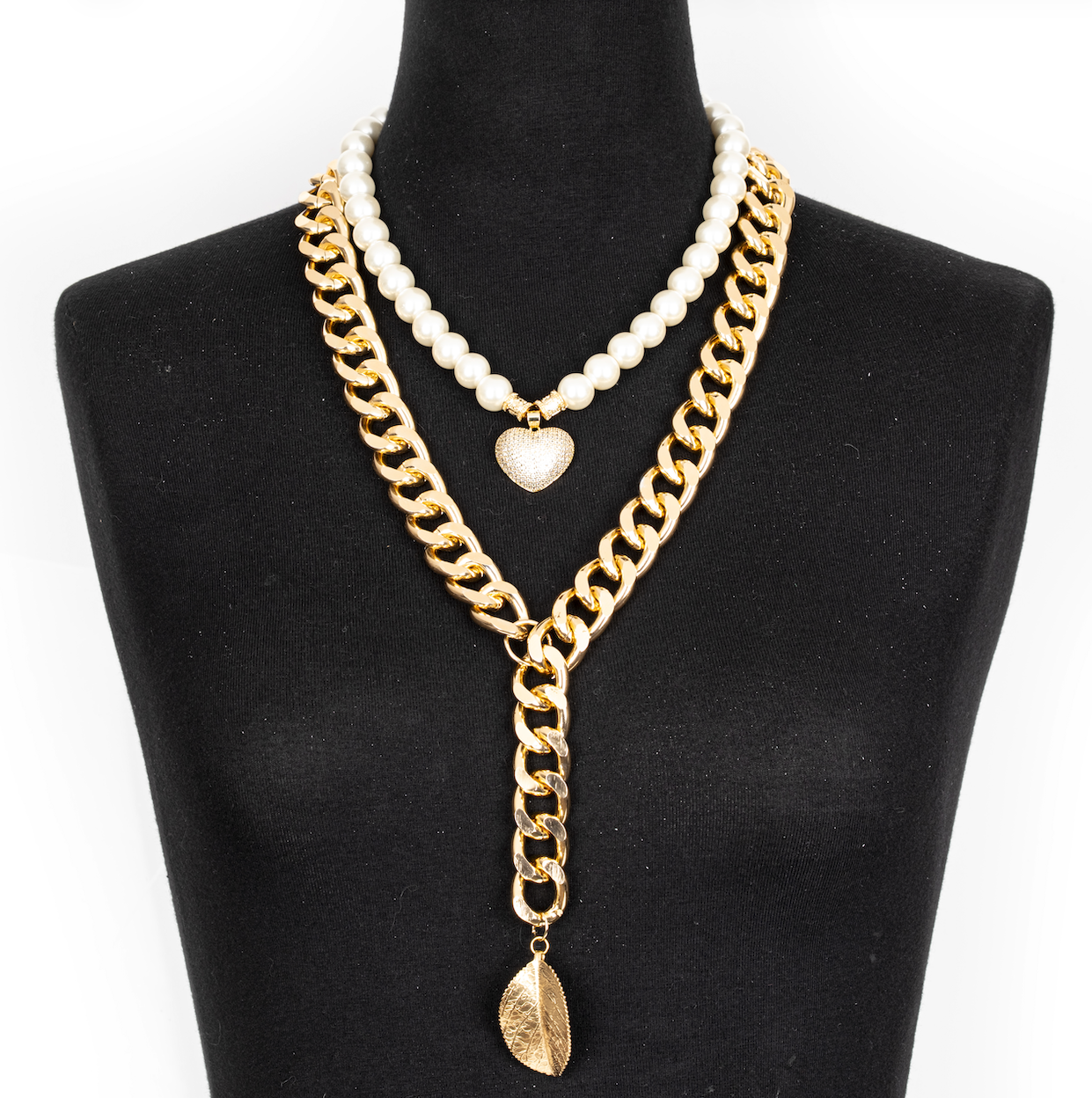 The Dark Layered Pearl and Gold Chain Necklace with Spike Pendant