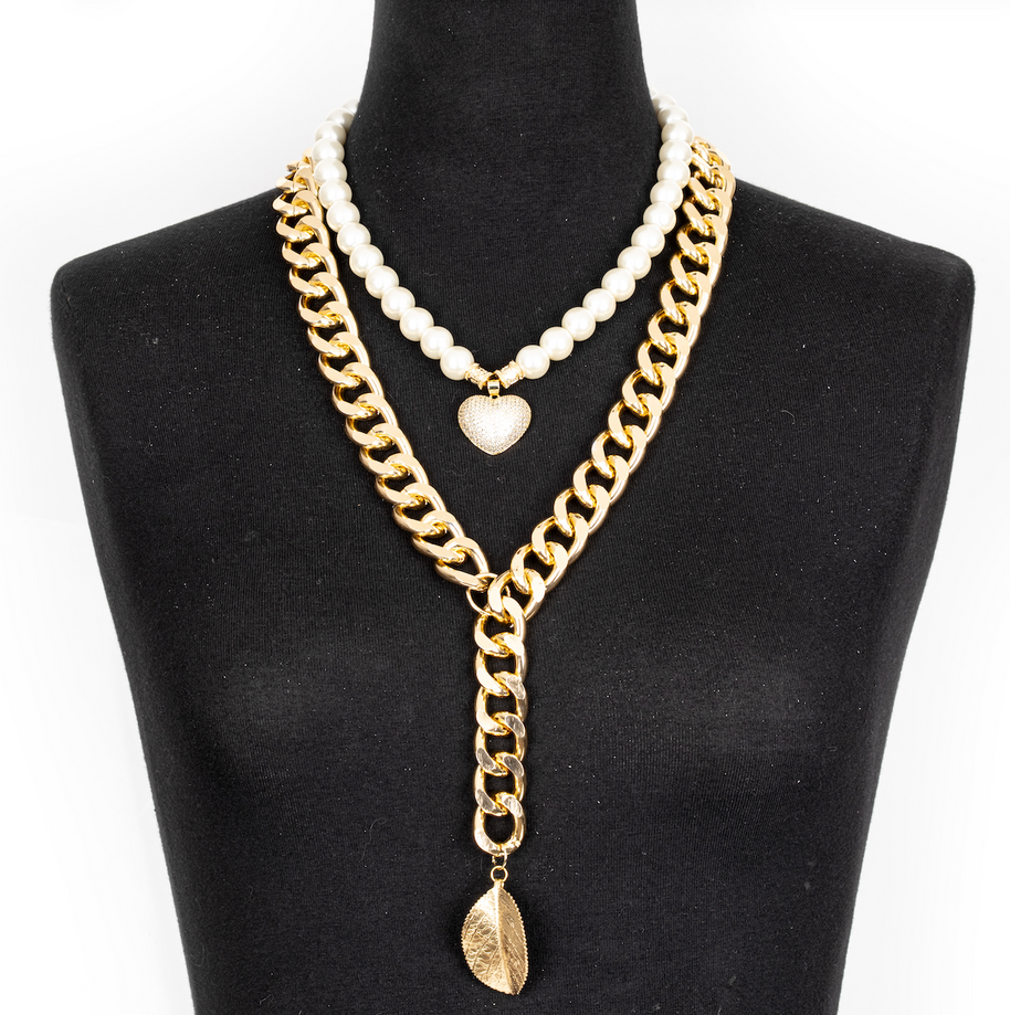 The Dark Layered Pearl and Gold Chain Necklace with Spike Pendant