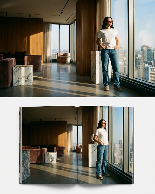 Woman in casual jeans and t-shirt stands by large city-view windows in a modern lounge; magazine photo below.