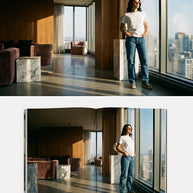 Woman in casual jeans and t-shirt stands by large city-view windows in a modern lounge; magazine photo below.