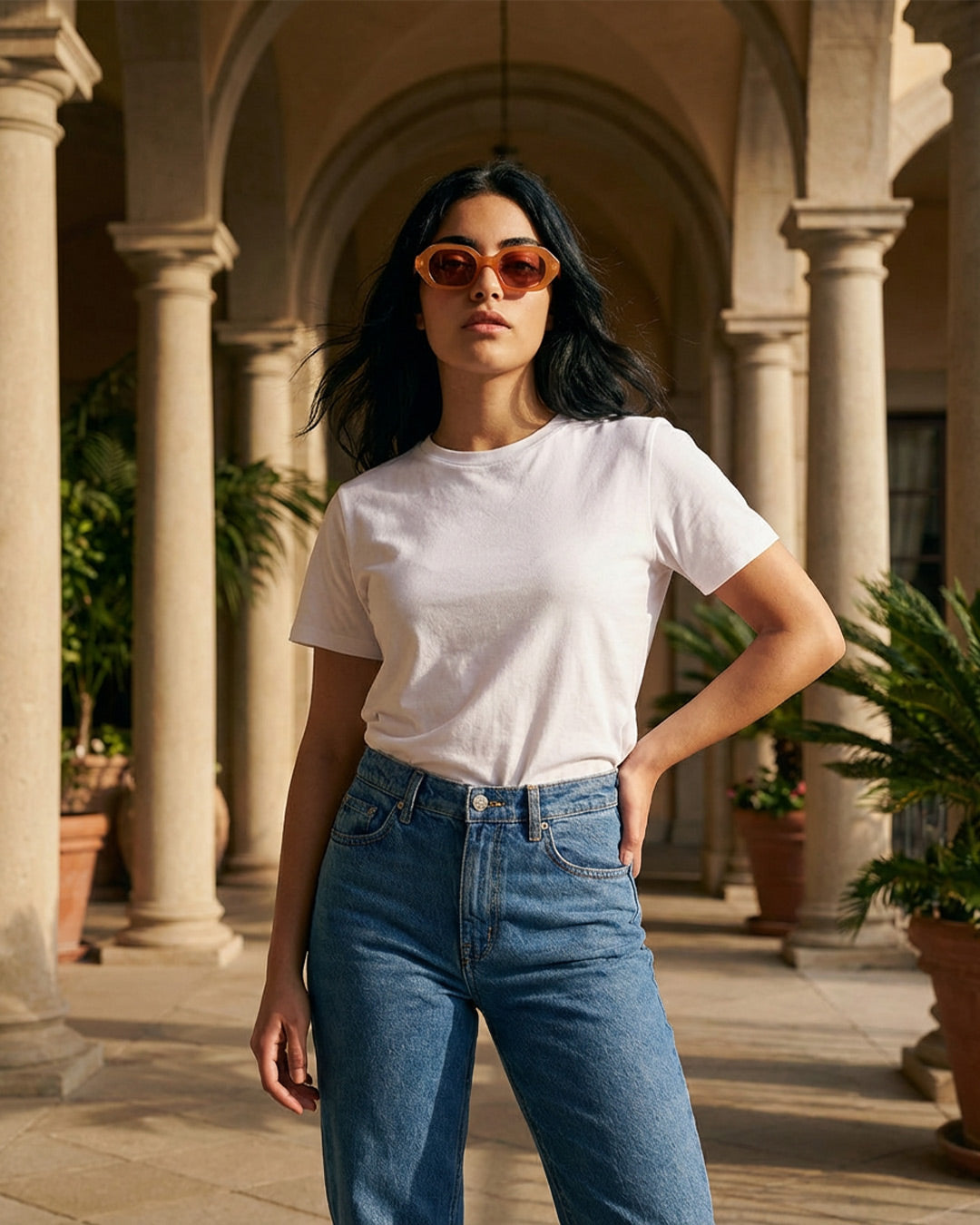 Woman in a white t-shirt and blue jeans wearing sunglasses, standing in a sunny courtyard with columns.