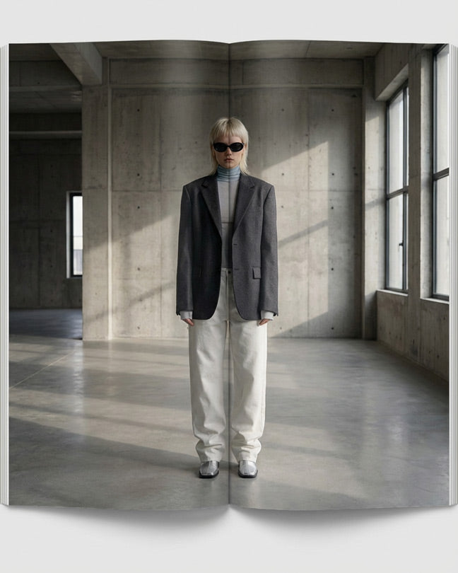 Woman in oversized blazer, turtleneck, and white pants standing in modern minimalist room
