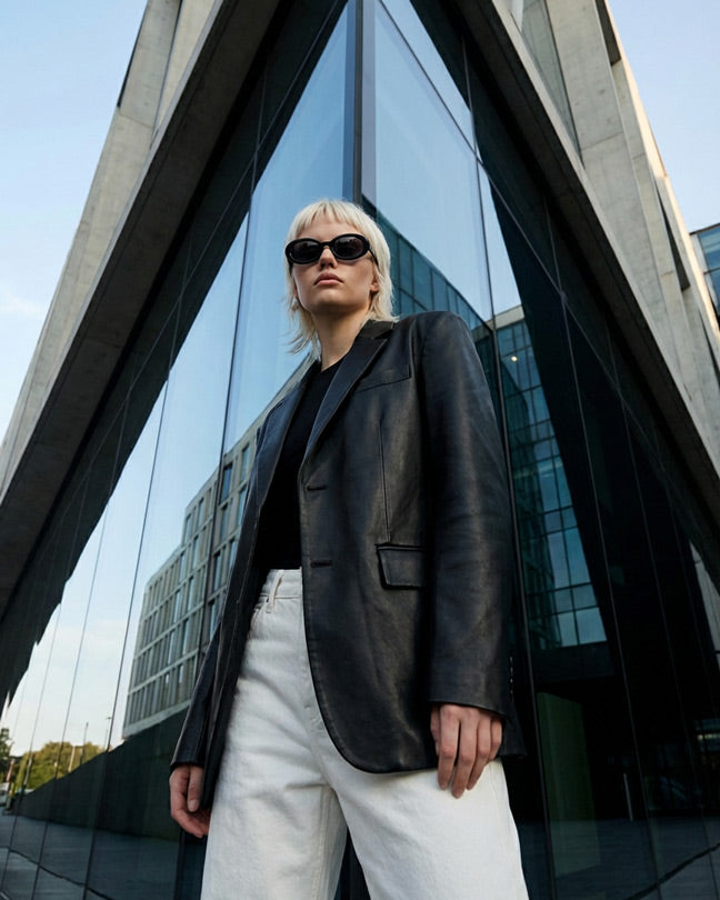 Woman in black leather blazer, white pants, and sunglasses standing by modern glass building