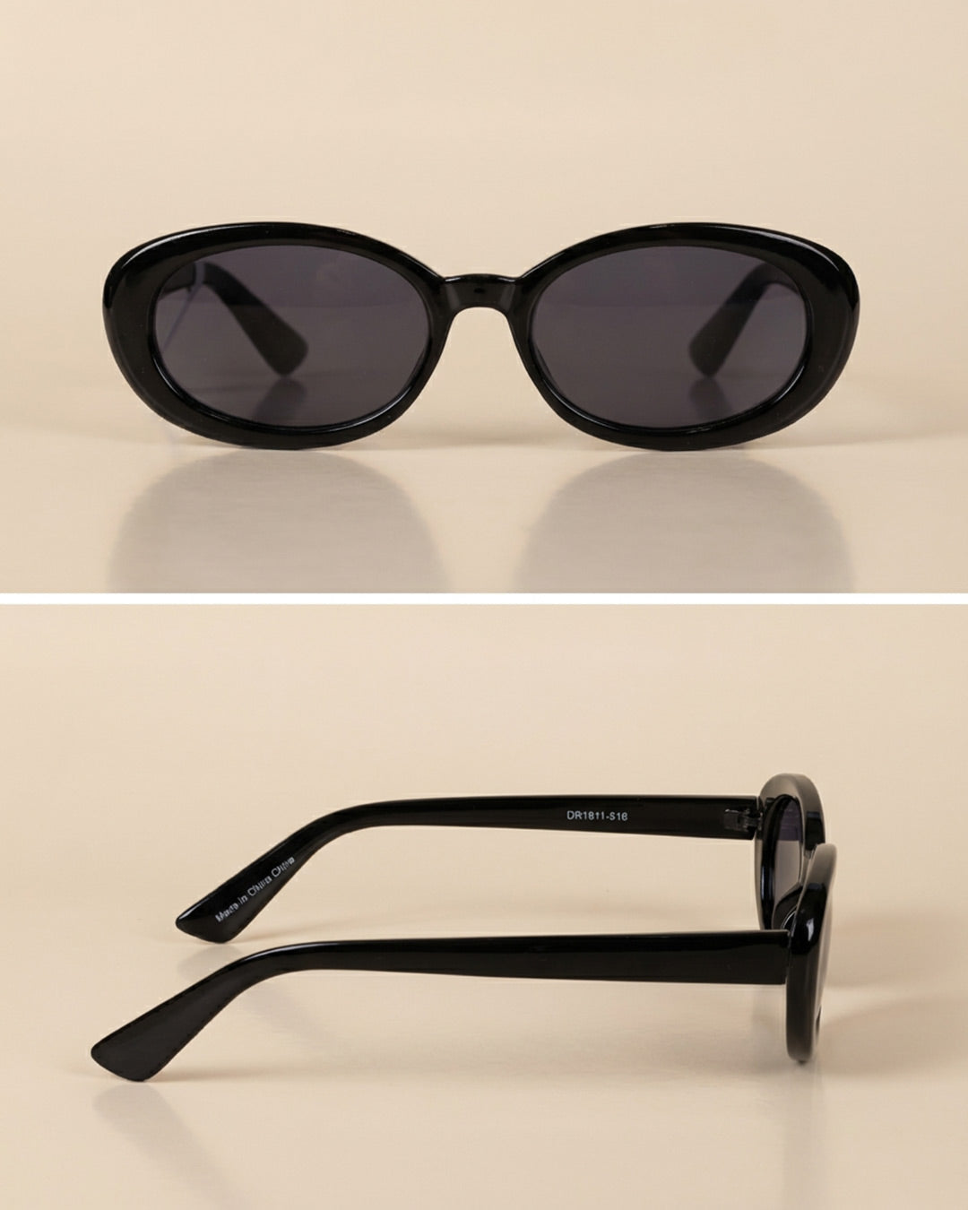 Black oval sunglasses with dark lenses, glossy finish, shown front and side view on beige background