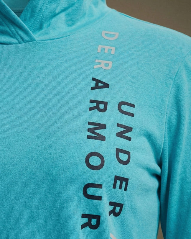 Light blue athletic hoodie with bold vertical black and white lettering on the chest
