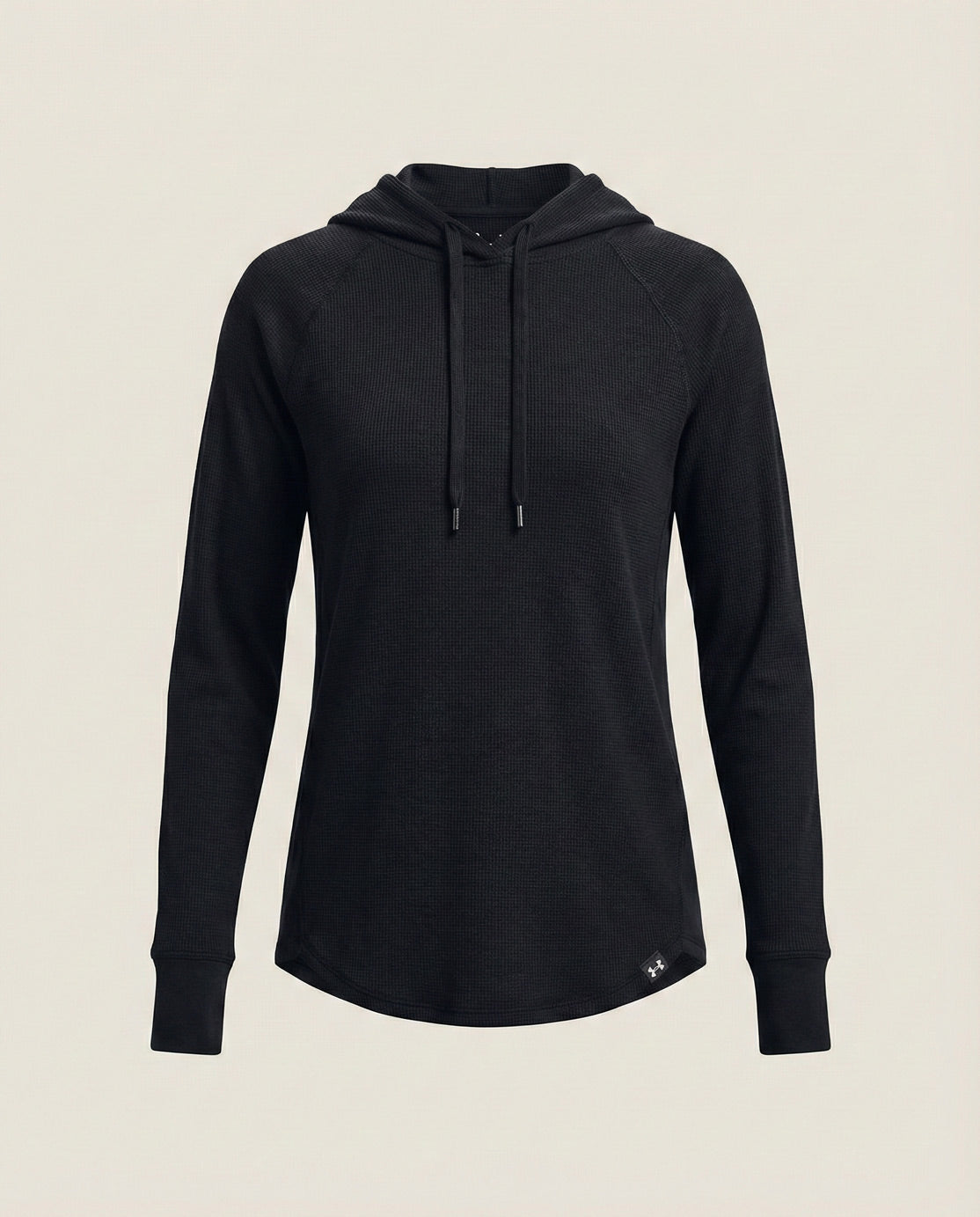 Black long sleeve hoodie with drawstrings, casual pullover style on plain background