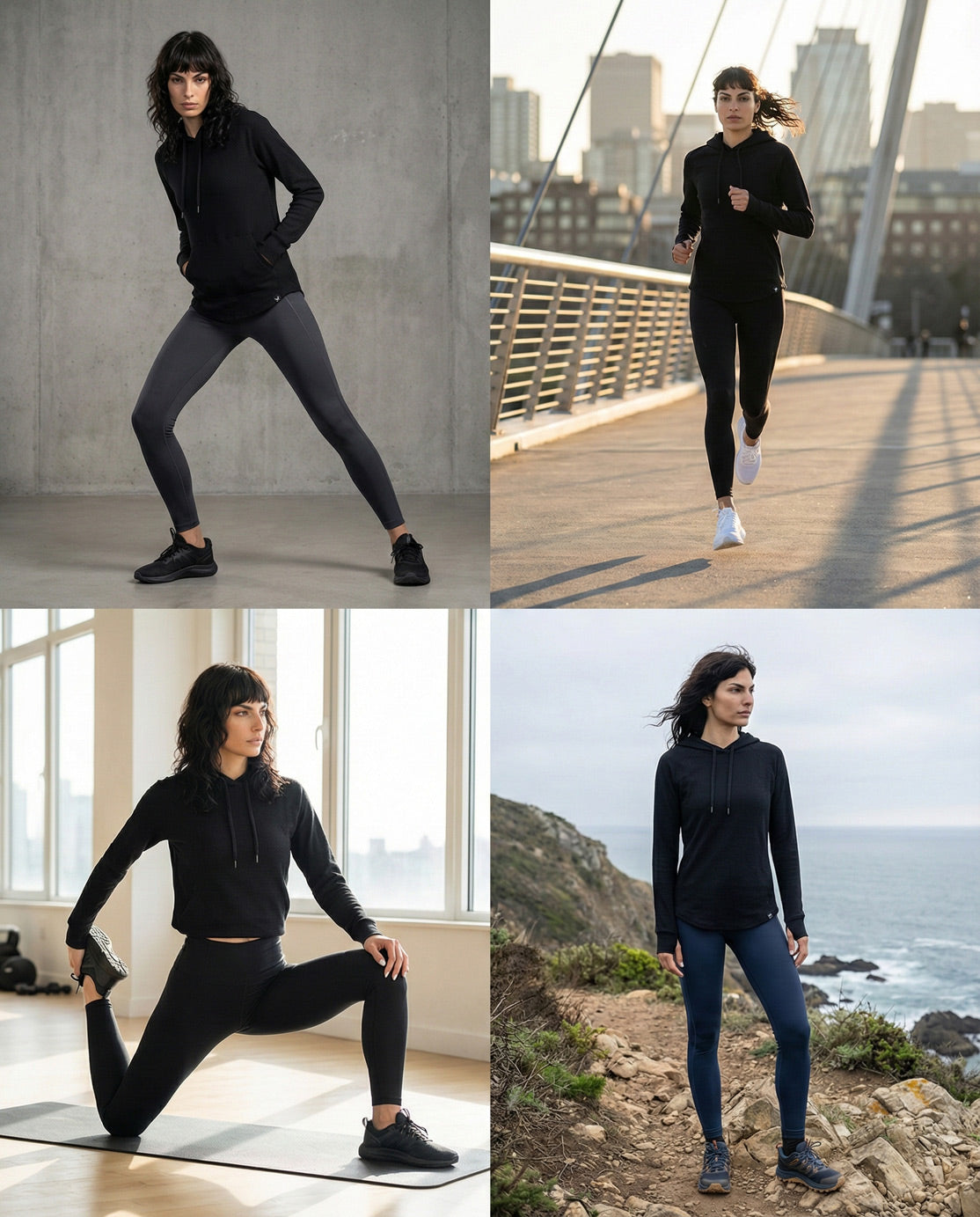 Woman modeling black hoodie and leggings in various active outdoor and indoor settings