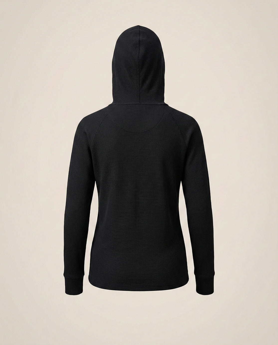 Back view of a plain black hooded sweatshirt with long sleeves on neutral background