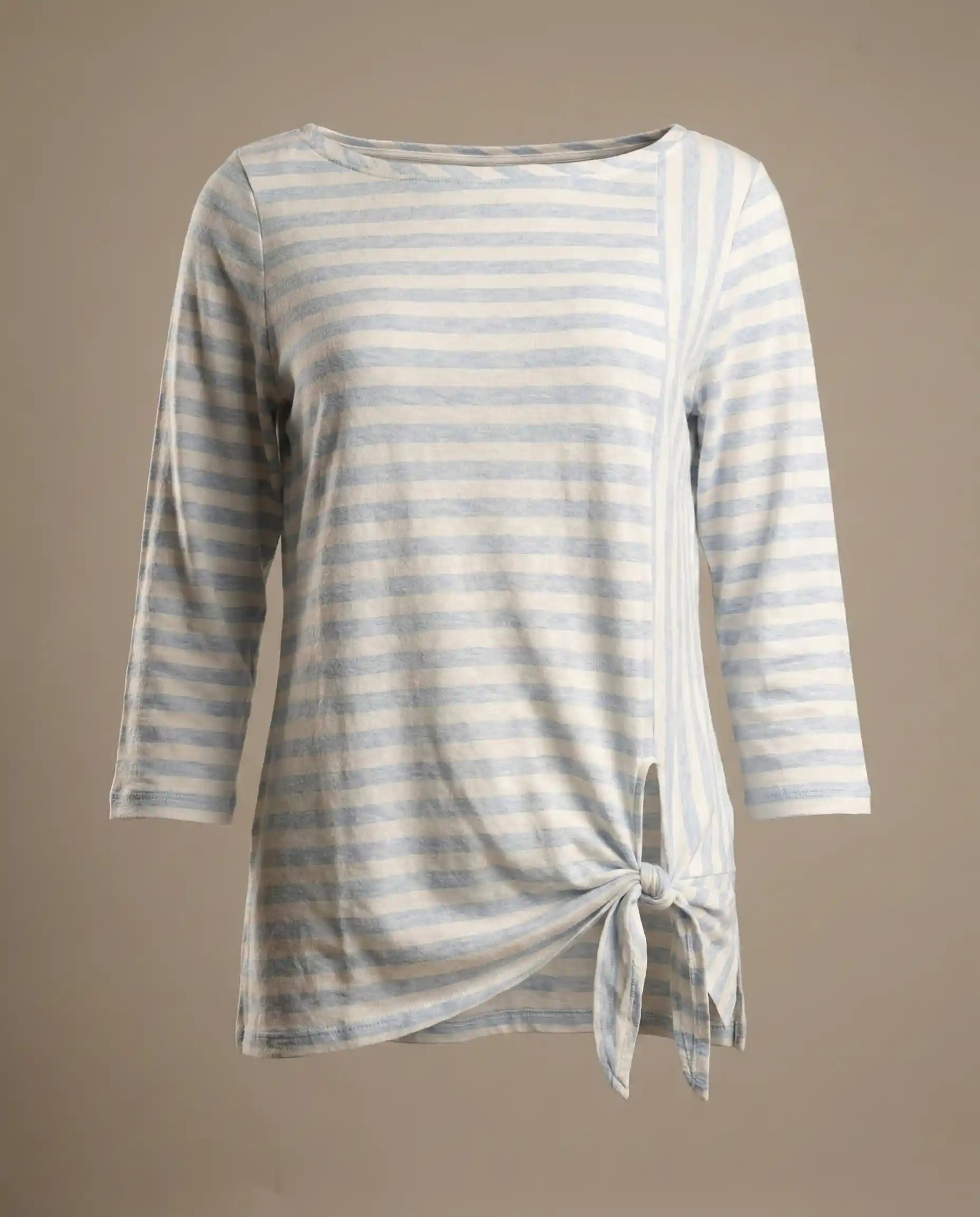 Women's white and light blue striped long sleeve t-shirt with side knot detail