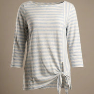 Women's white and light blue striped long sleeve t-shirt with side knot detail
