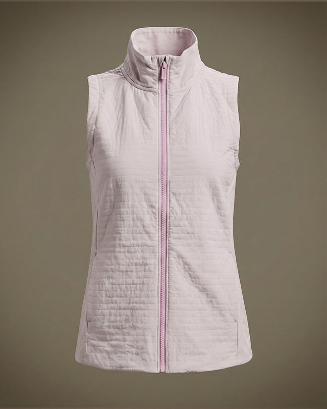 Light pink quilted sleeveless vest with front zipper and high collar on plain background