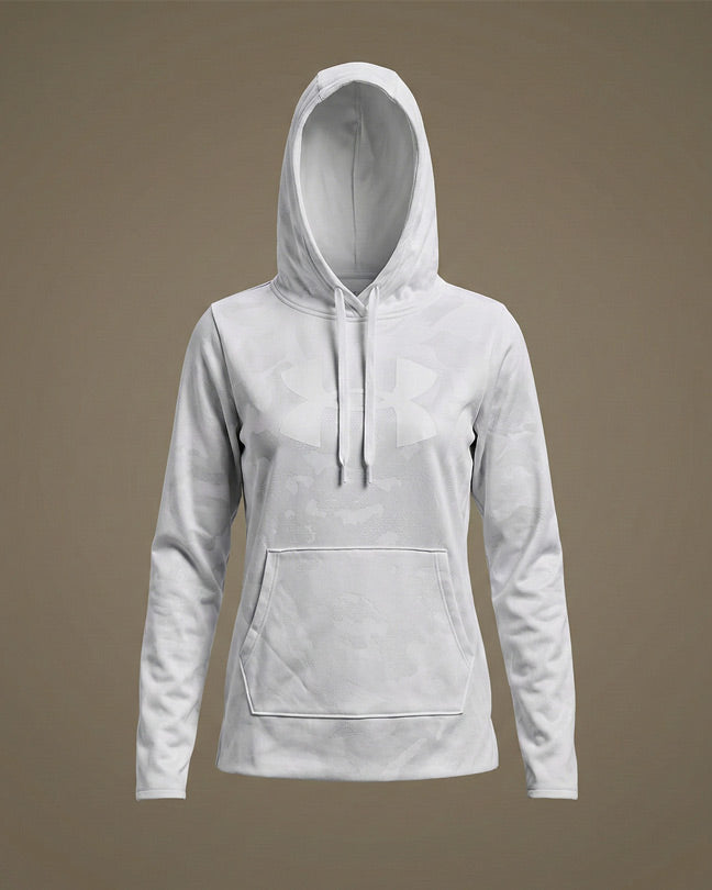 Light gray women's hooded sweatshirt with kangaroo pocket and subtle logo design
