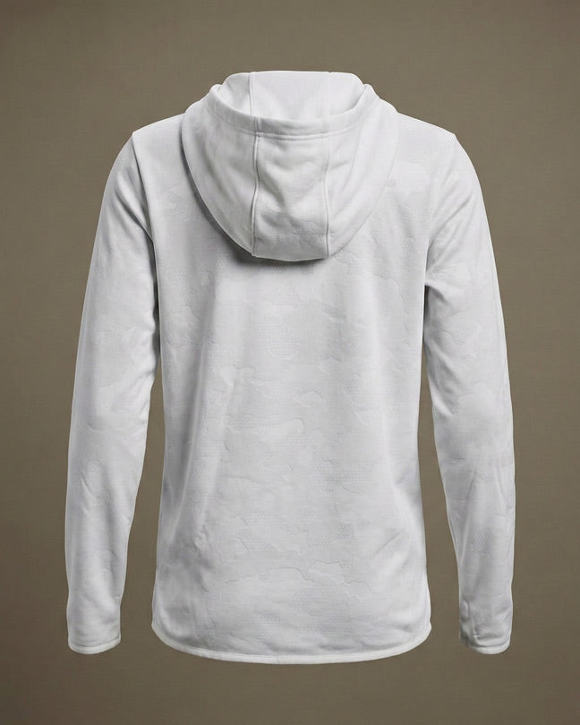 Back view of a light grey hooded sweatshirt with subtle camo pattern, long sleeves