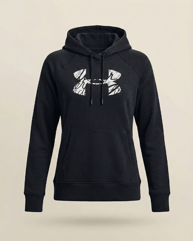 Black pullover hoodie with white graphic logo on front, drawstring hood, and kangaroo pocket
